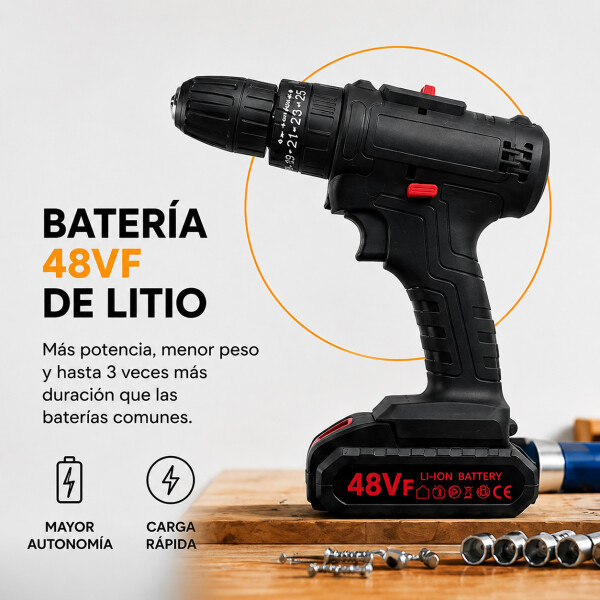 Taladro Percutor Atornillador + 2 Baterías 48V Inalambrico Negro