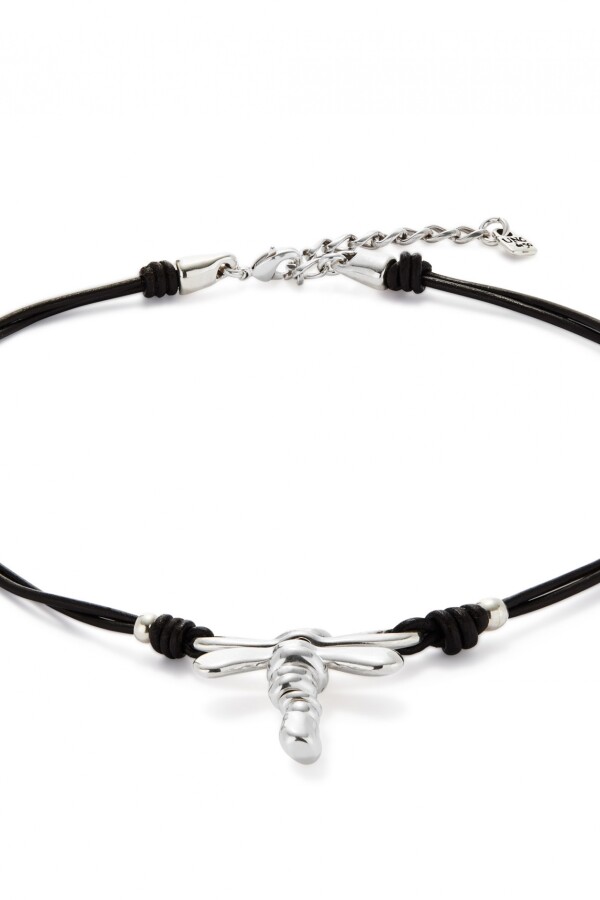 COLLAR DE CUERO Y LIBÉLULA BAÑADA EN PLATA DE LEY PLATA / BLANCO