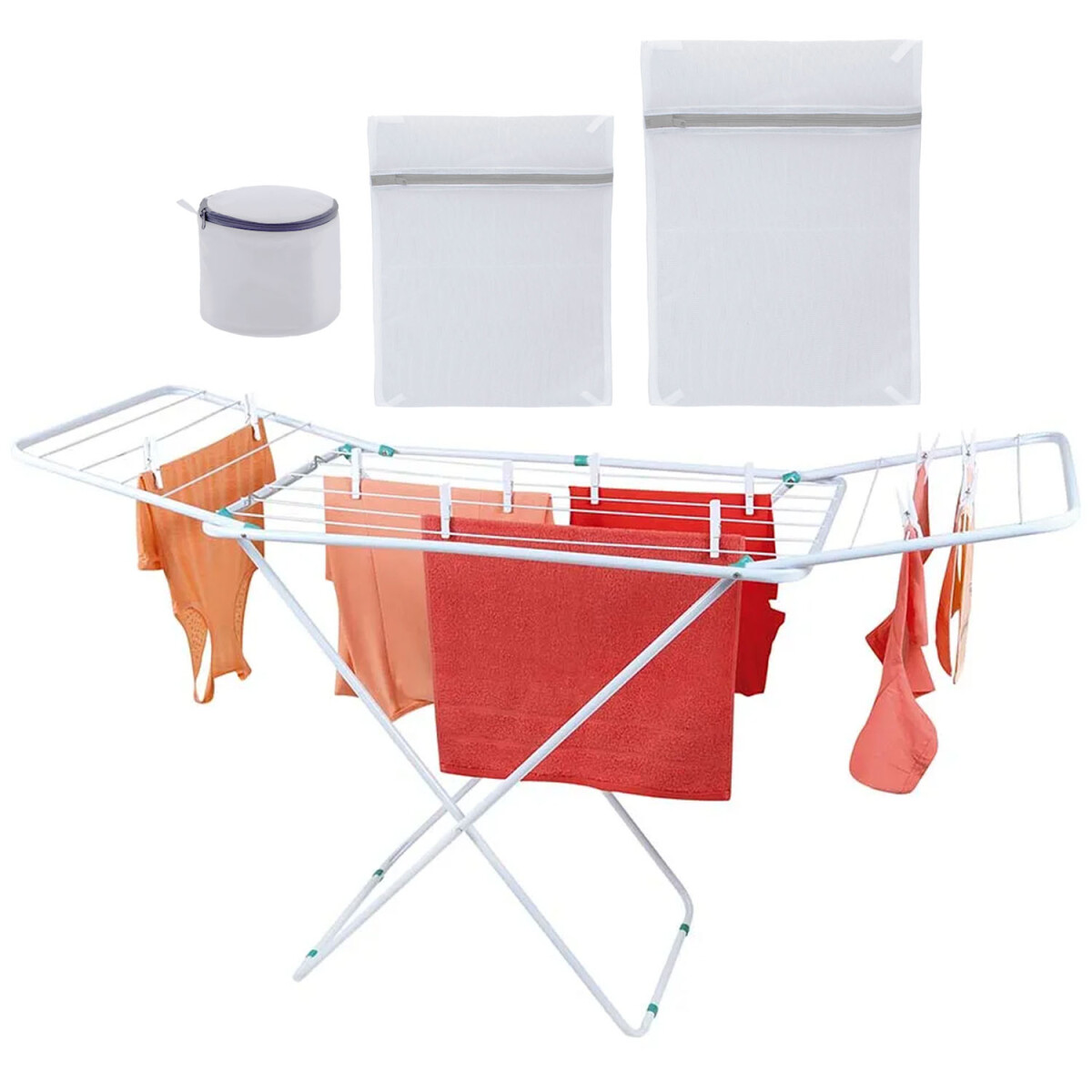 Set Tendedero Extensible Acero 9.14Mt + 3 Bolsas p/Lavarropa - Blanco 