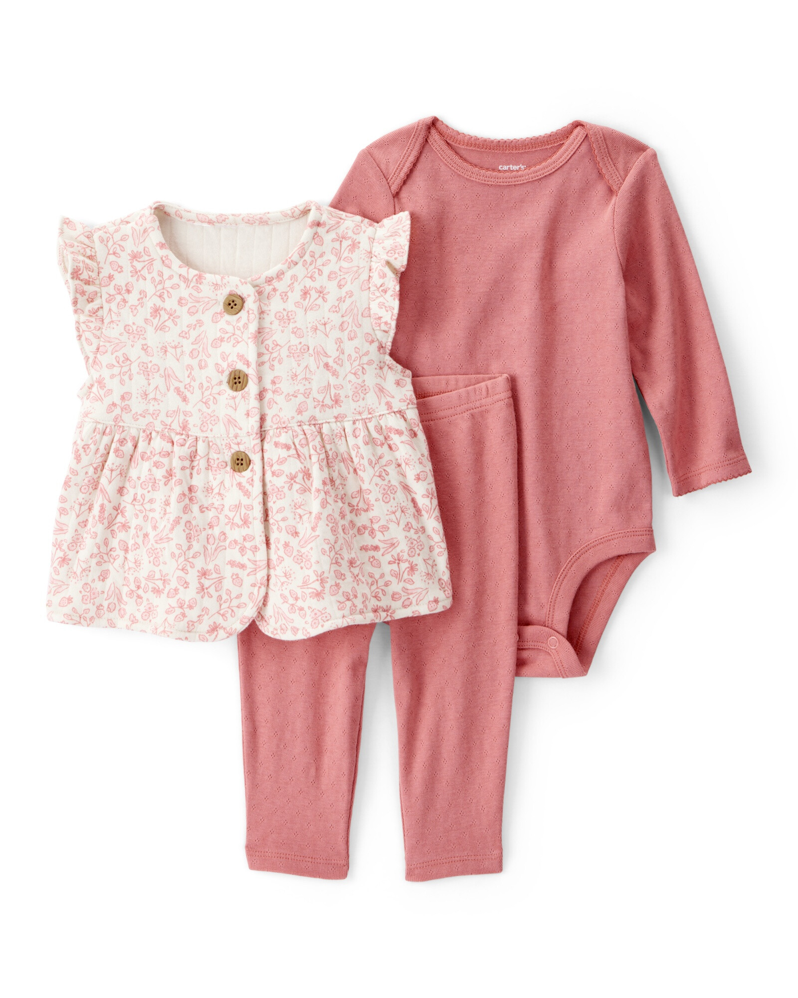Set tres piezas de algodón, chaleco floral, pantalón y body calado Set tres piezas de algodón, chaleco floral, pantalón y body calado