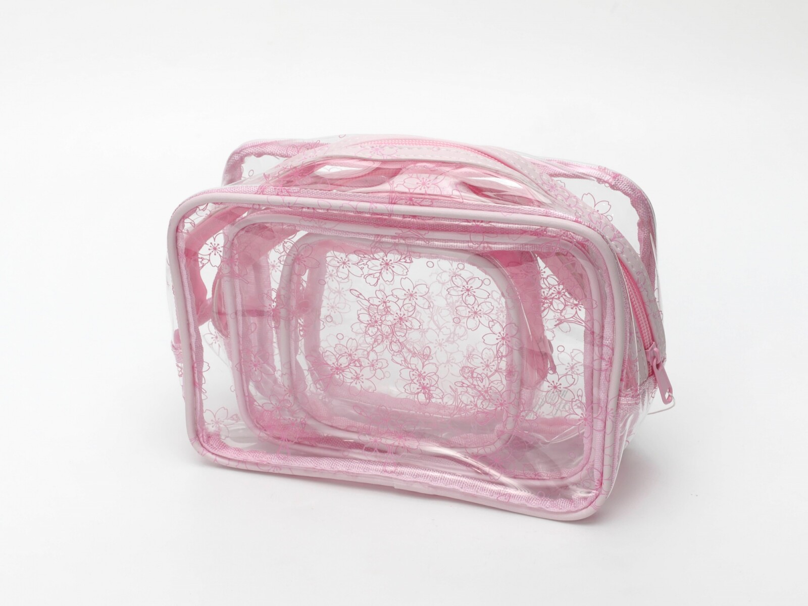 SET DE 3 BOLSAS DE MAQUILLAJE TRANSPARENTES (FLOR DE CEREZO) 