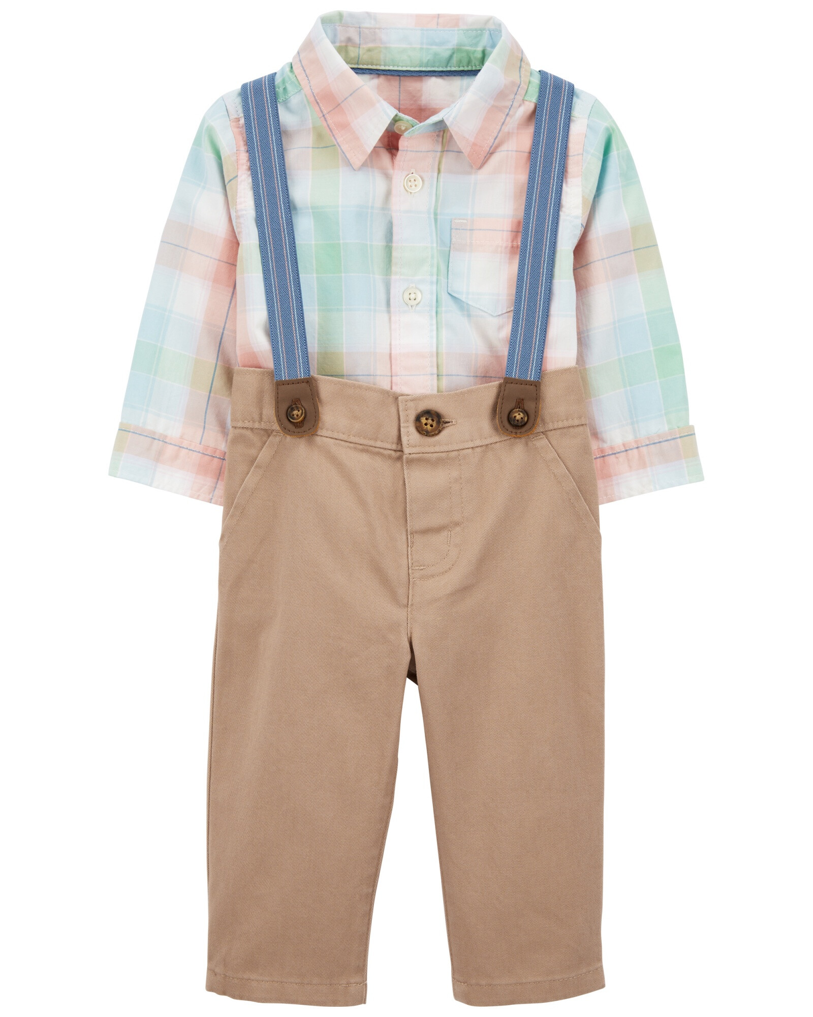 Set tres piezas de algodón, pantalón, body camisa y tiradores Set tres piezas de algodón, pantalón, body camisa y tiradores