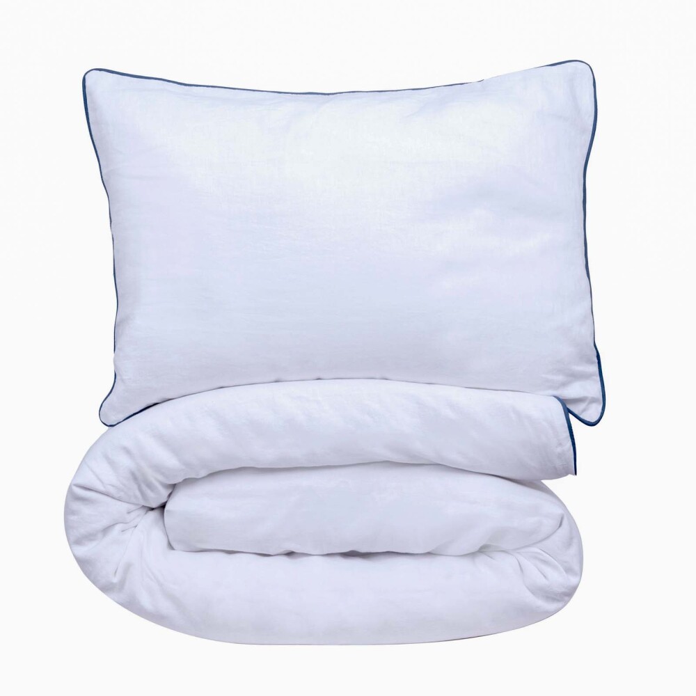 FUNDA NÓRDICA COTTON & LINEN QUEEN LINO-Y-ALGODON BLANCO FESTÓN BCO/AZUL