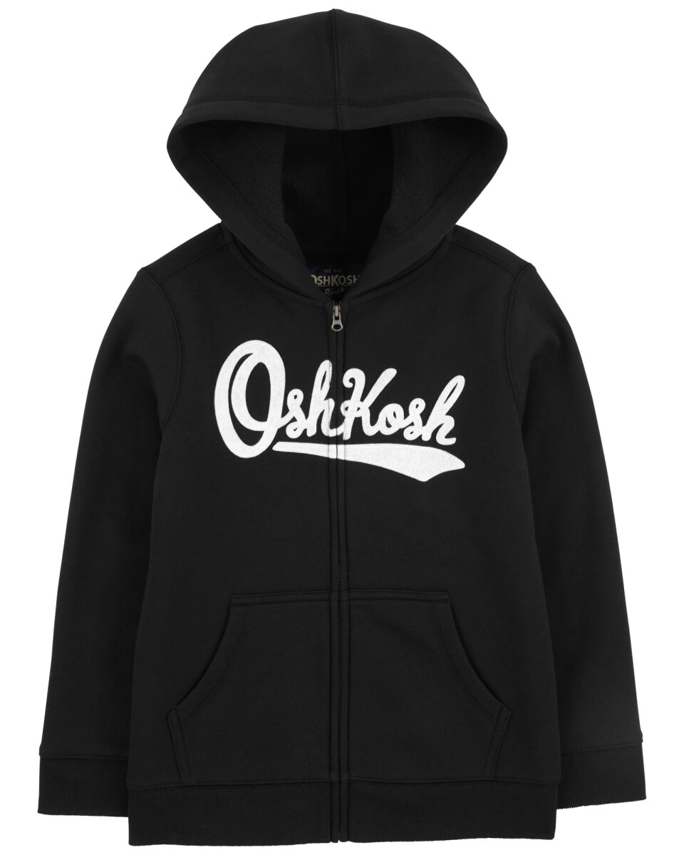 Campera de algodón, con capucha y logo, negra. Talles 6-14 