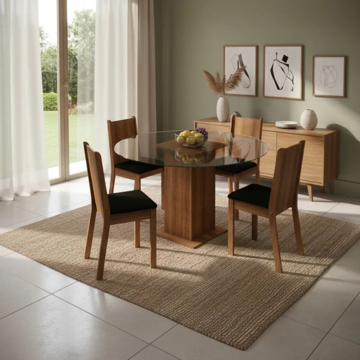Juego de comedor con mesa redonda de vidrio y 4 sillas rústicas - Negro 