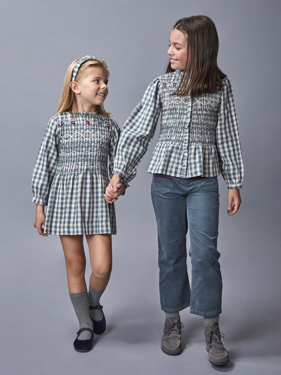 Vestido Cuadros Con Bordada Petroleo