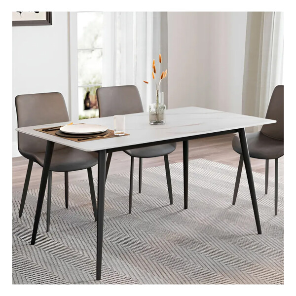 Mesa De Comedor Vidrio Símil Marmol 1.40x0.80m Patas De Hierro Blanco