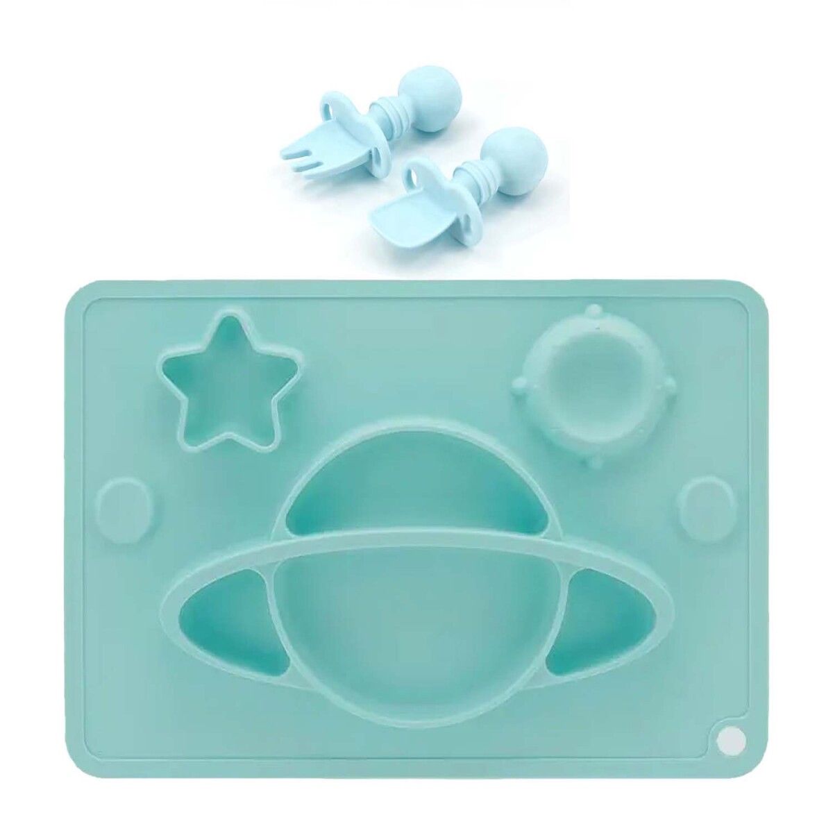 Set Comida Bebé Silicona Plato Divisiones + Cuchara Tenedor - Celeste/celeste 