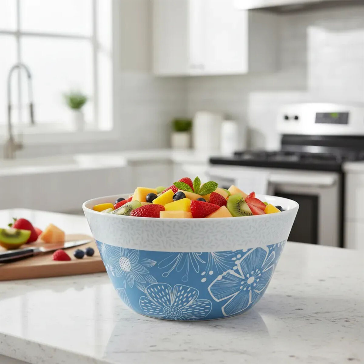 Bowl de Plástico Melamina 25,4 Cm - Flores Azules 