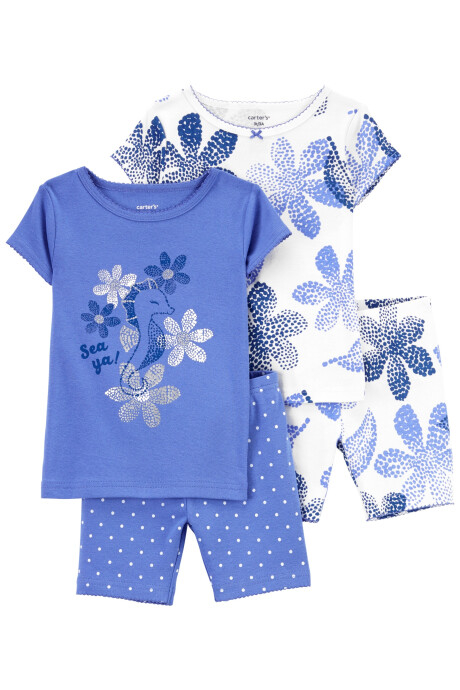 Pijama cuatro piezas de algodón dos remeras y dos shorts Sin color