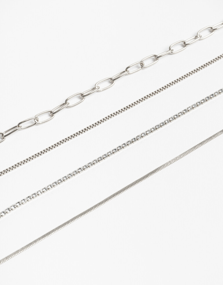 Collares Cortos Strass Set Collares Metal Y Strass - Plateado Rodio