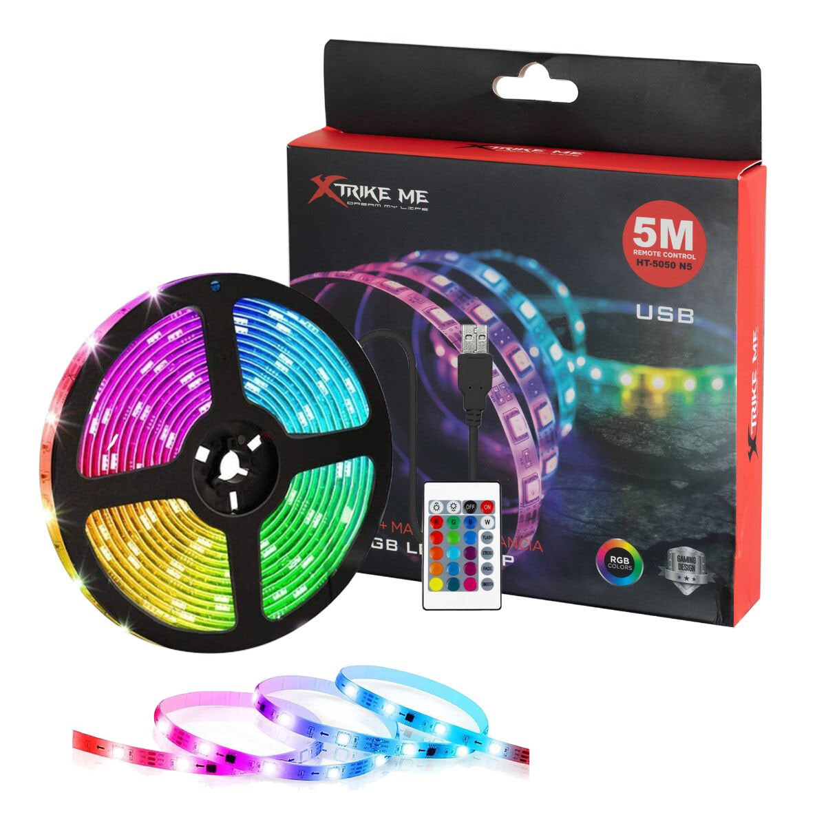 Rollo Cinta Led de Luces RGB 5Mt c/ Control y USB XTrike Me - Multicolor 