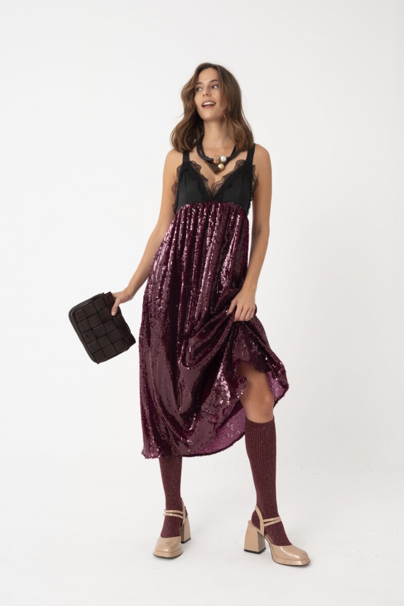 VESTIDO LARGO DE LENTEJUELA Bordo