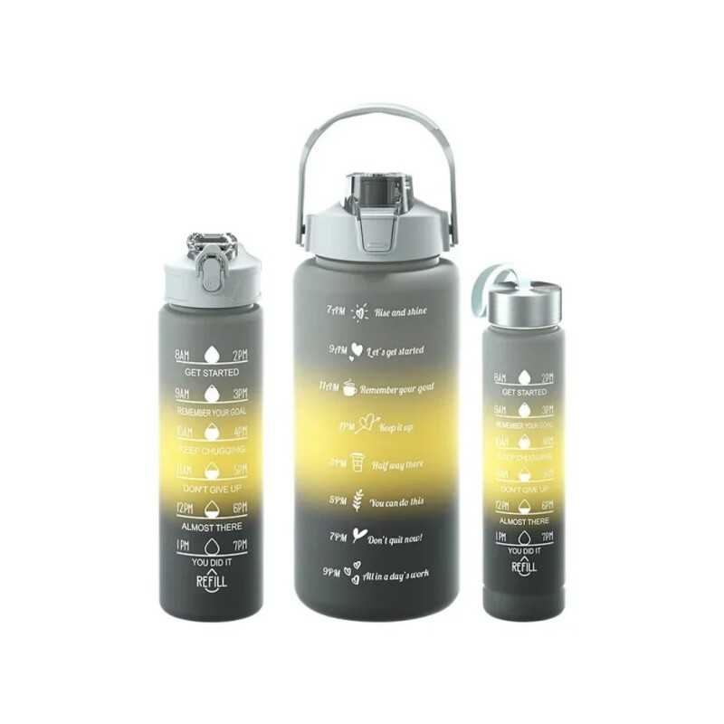 Botella Agua Deportiva Motivacional Set 3 Tamaños Diferentes Color Gris/Amarillo/Negro