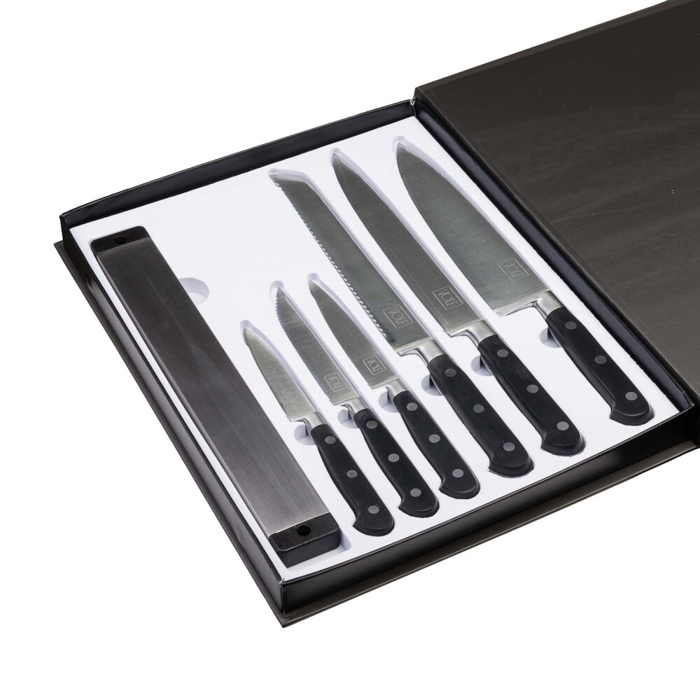 SET 6 CUCHILLOS GRIS ACERO INOXIDABLE Y BARRA MAGNÉTICA