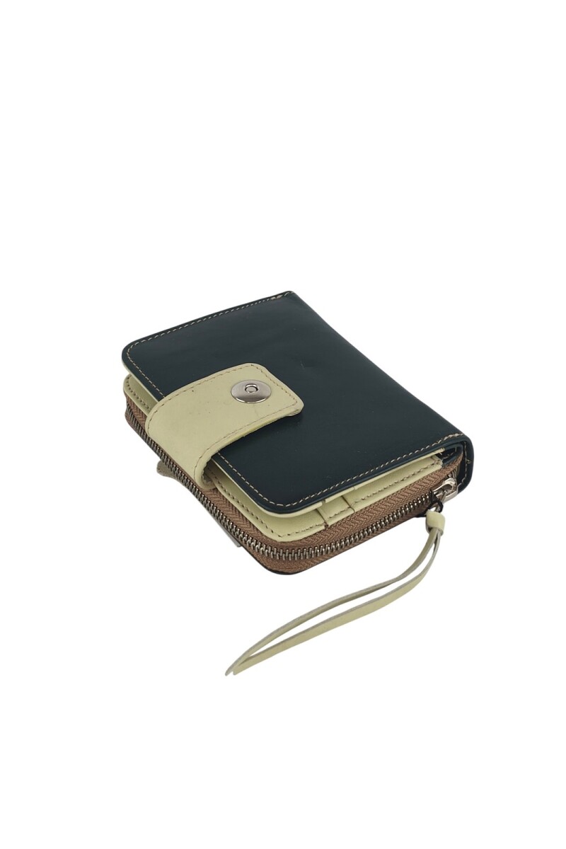 Billetera Monedero Cuero Genuino | Compacta, Cremallera y Broche Magnético Verde