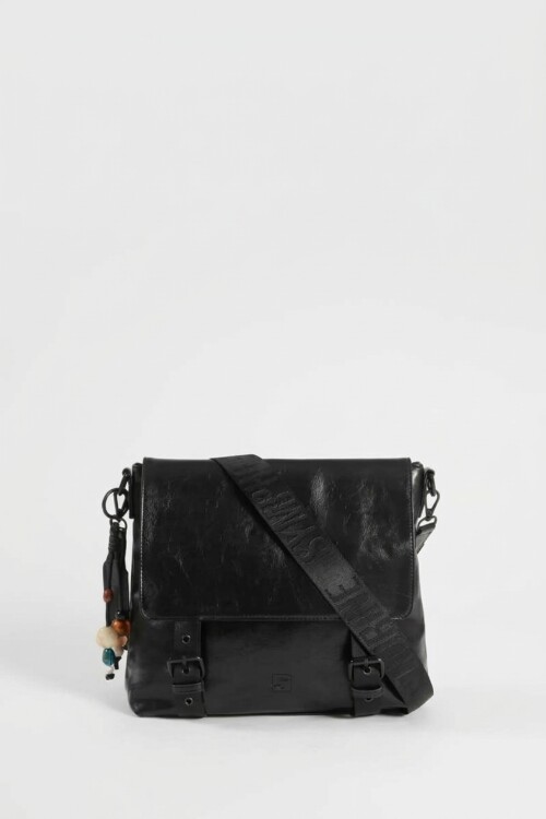 Bandolera con tapa y hebillas cuero vegano negro