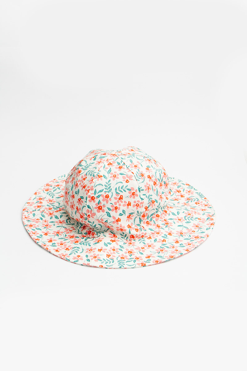Sombrero tipo capelina con cordones ajustables - Blanco estampado con flores 