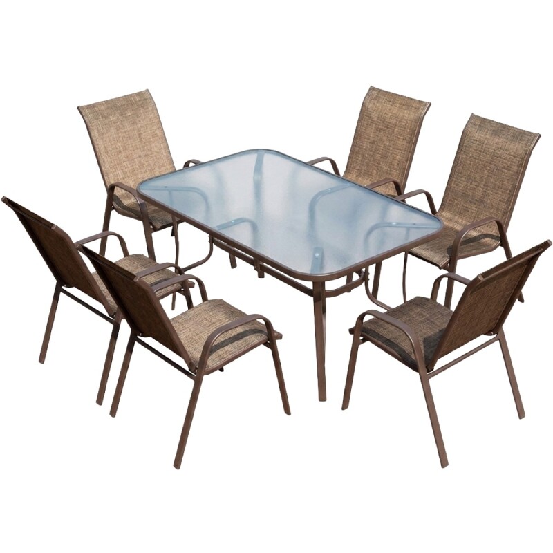 JGO MESA RECT VIDRIO P/JARDIN MARRON 7PZAS Unica