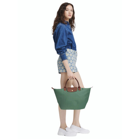 Longchamp -Cartera Longchamp plegable de nylon con cierre y asa corta, Le pliage M Verde