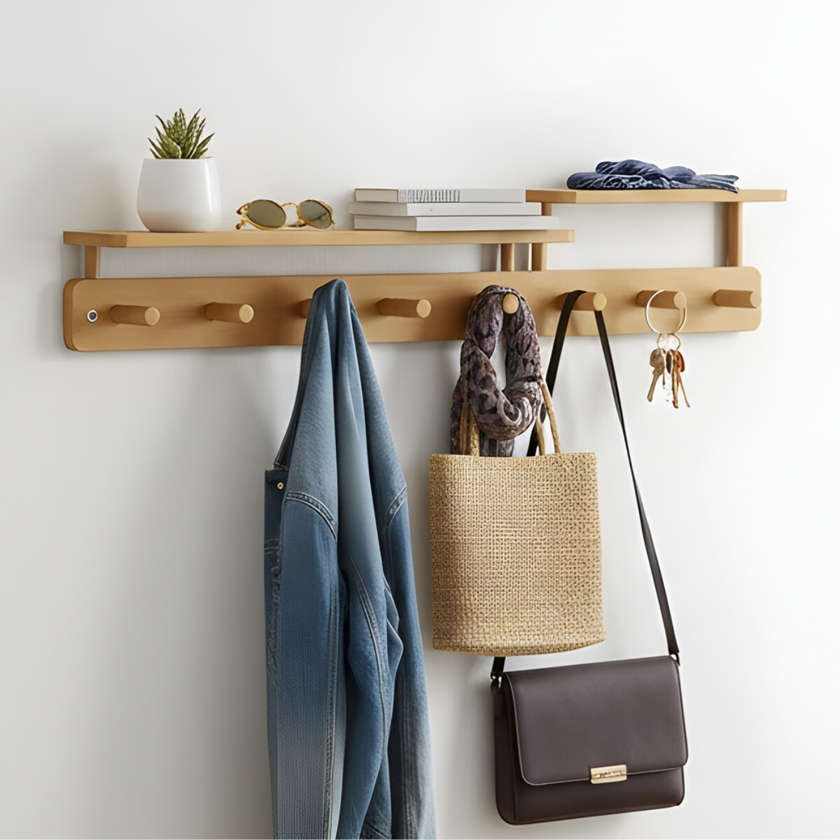 Perchero De Pared 8 Ganchos Colgante Con Repisas De Madera - MARRON CLARO 