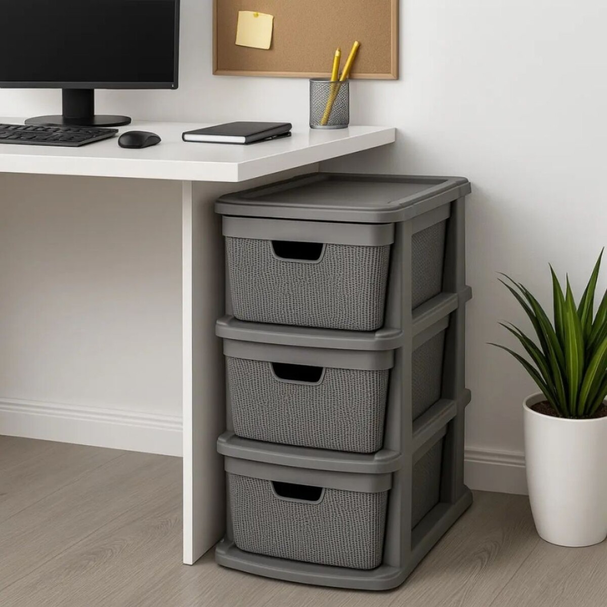 Cajonera Gavetero Estante simil Rattan 3 Cajones 15lts Gris 