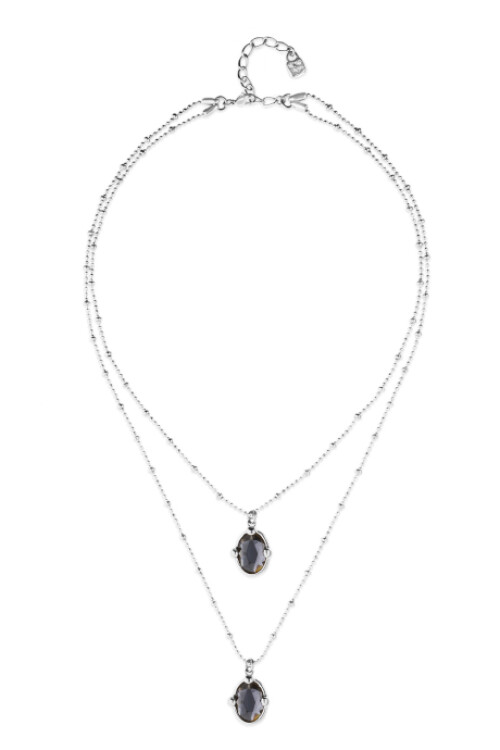 COLLAR DOBLE DE ALEACIÓN DE METALES BAÑADO EN PLATA DE LEY Y 2 CRISTALES FACETADOS PEQUEÑOS Colgante