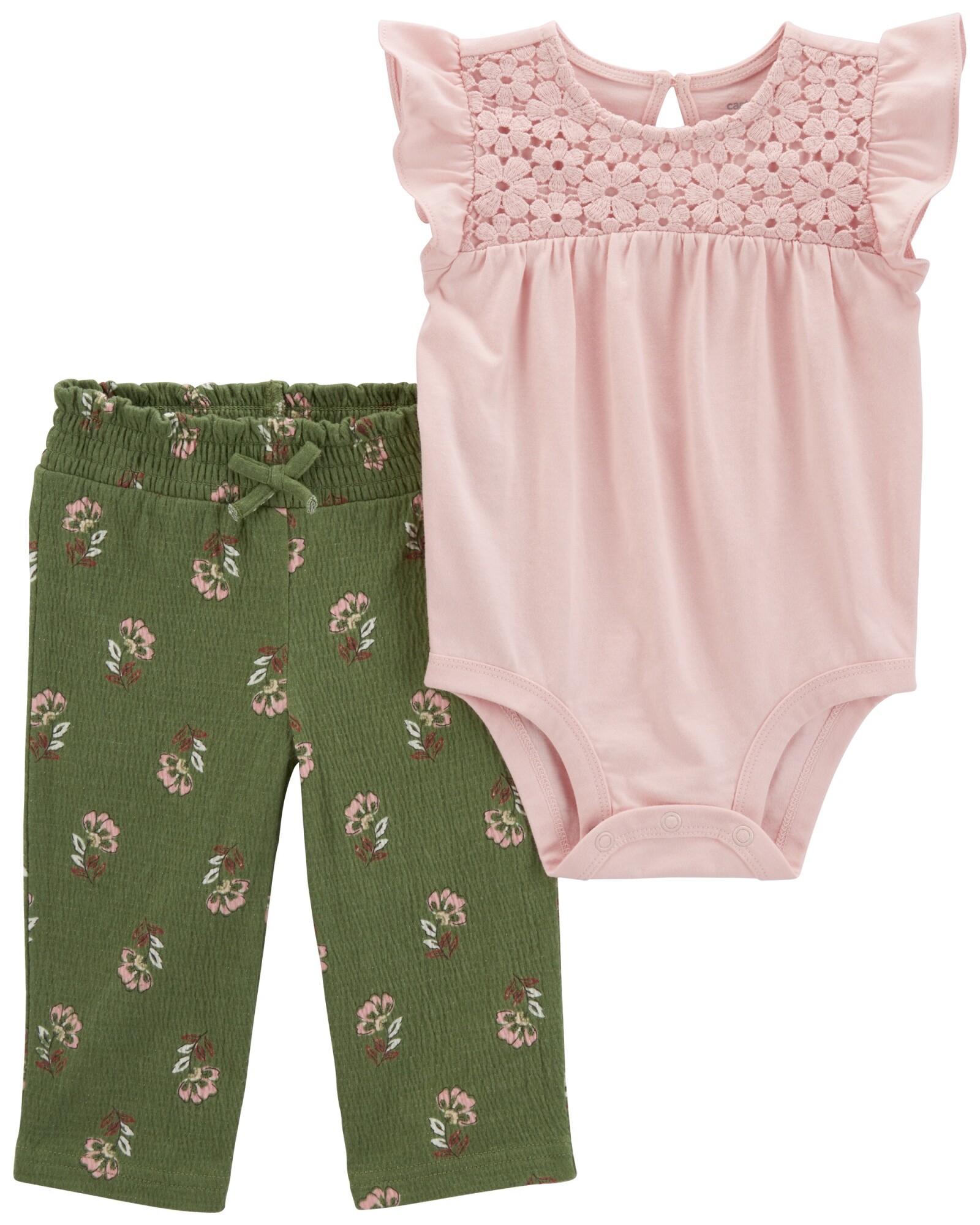 Set dos piezas de algodón, pantalón y body con canesú en broderie Sin color
