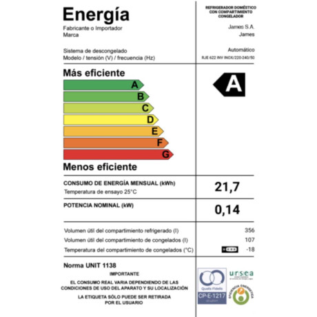 Heladera JAMES RJE 622 INV 463 Lt Inox
