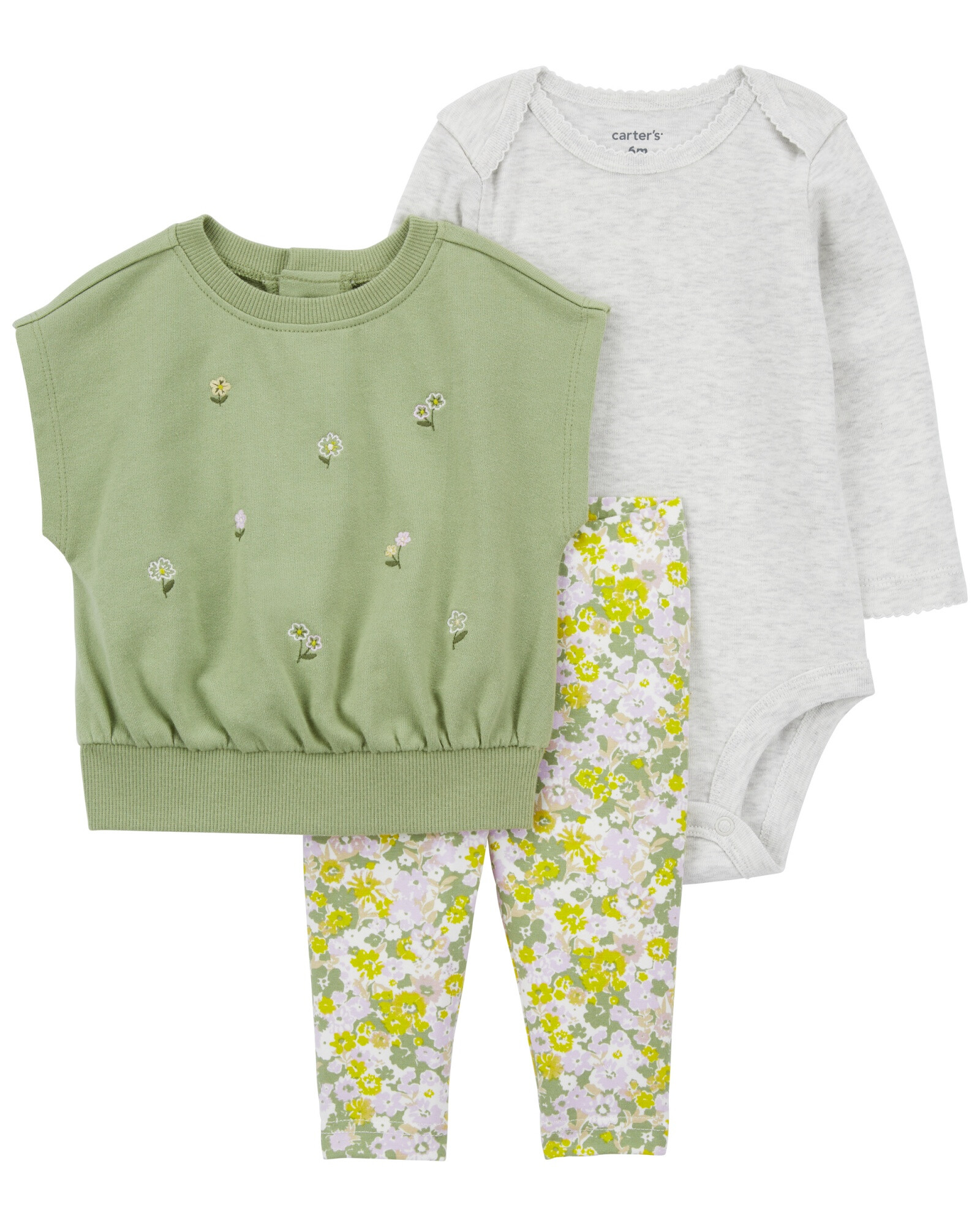 Set tres piezas de algodón, chaleco, calza y body diseño floral Set tres piezas de algodón, chaleco, calza y body diseño floral