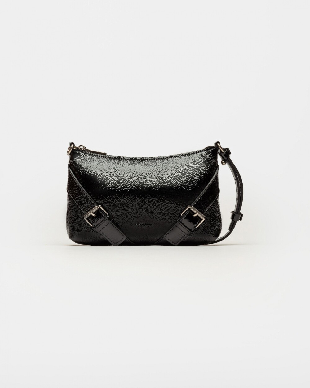 Mini bag Pocket en cuero charol arrugado Negro