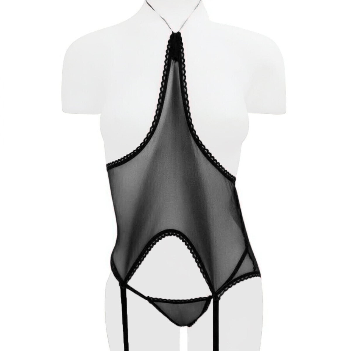Corset De Tul Sin Tazas Con Portaligas Y Tanga - Negro 