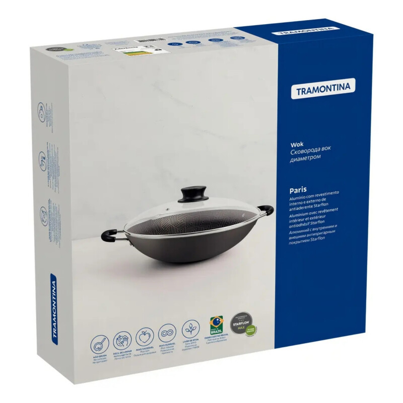 Sartén Wok Tramontina Paris c/tapa vidro 36 cm 6 L Sartén Wok Tramontina Paris c/tapa vidro 36 cm 6 L