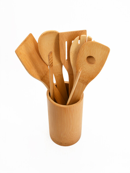 MENAJE BAMBOO CON SOPORTE SET 7 PCS MADERA