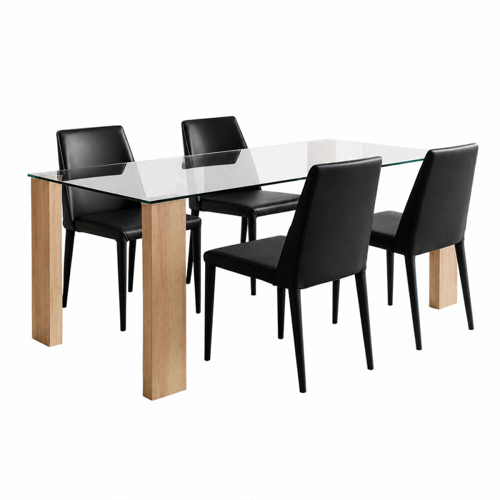 Juego De Comedor 4 Sillas Ecocuero Mesa De Vidrio Negro