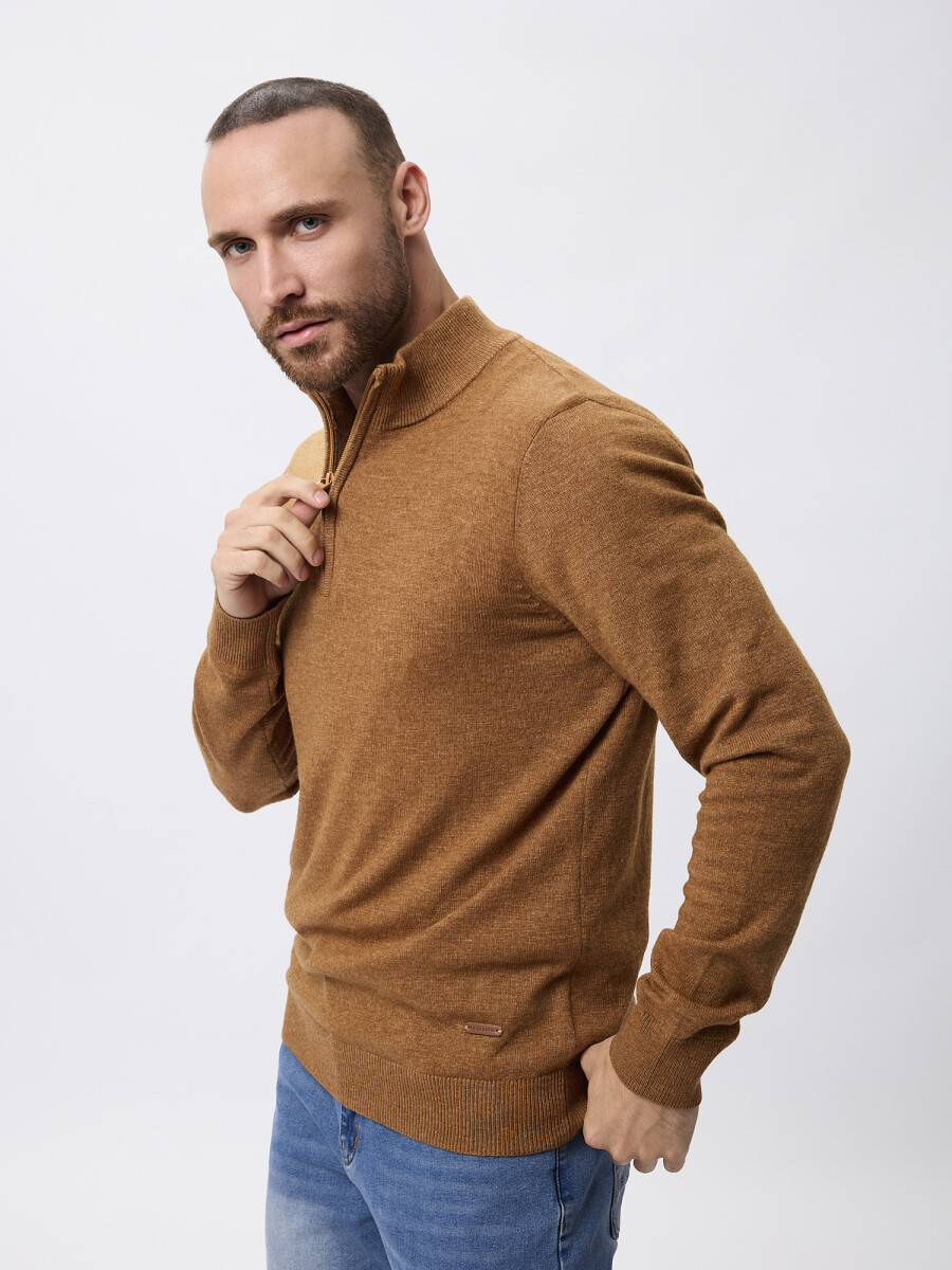Sweater tejido medio cierre - tostado melange 