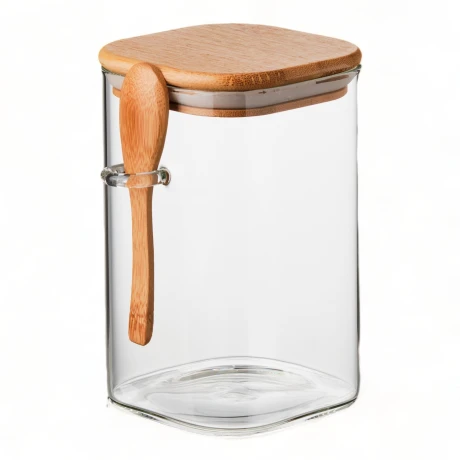 Recipiente Hermetico Vidrio Tapa Bamboo Cuchara 1500 Ml Sin Color