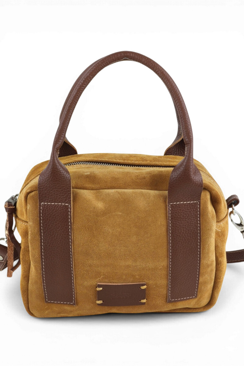 Cartera de Mano y Bandolera en Gamuza y Cuero Tostado