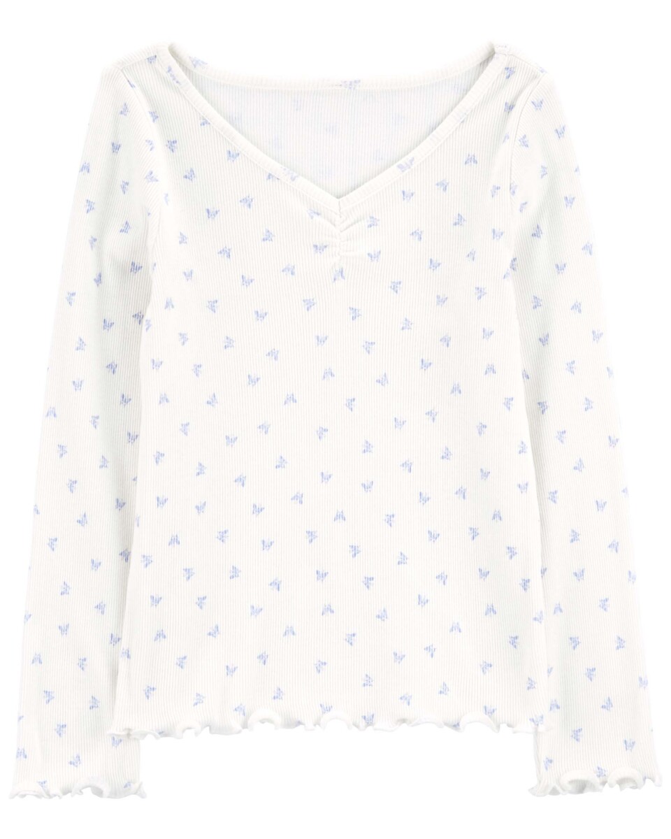 Blusa de algodón, con dobladillo fruncido y diseño mariposas 