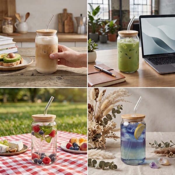 Set X4 Vasos De Vidrio Con Tapa Madera Bambu y Sorbetes 400ml IMBACK Set X4 Vasos De Vidrio Con Tapa Madera Bambu y Sorbetes 400ml IMBACK