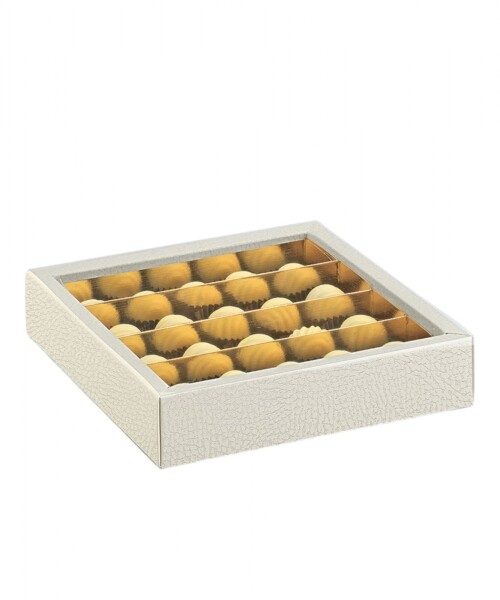 Caja bombones 14,5x14,5x3,5 cm. PELLE BIANCO+ORO