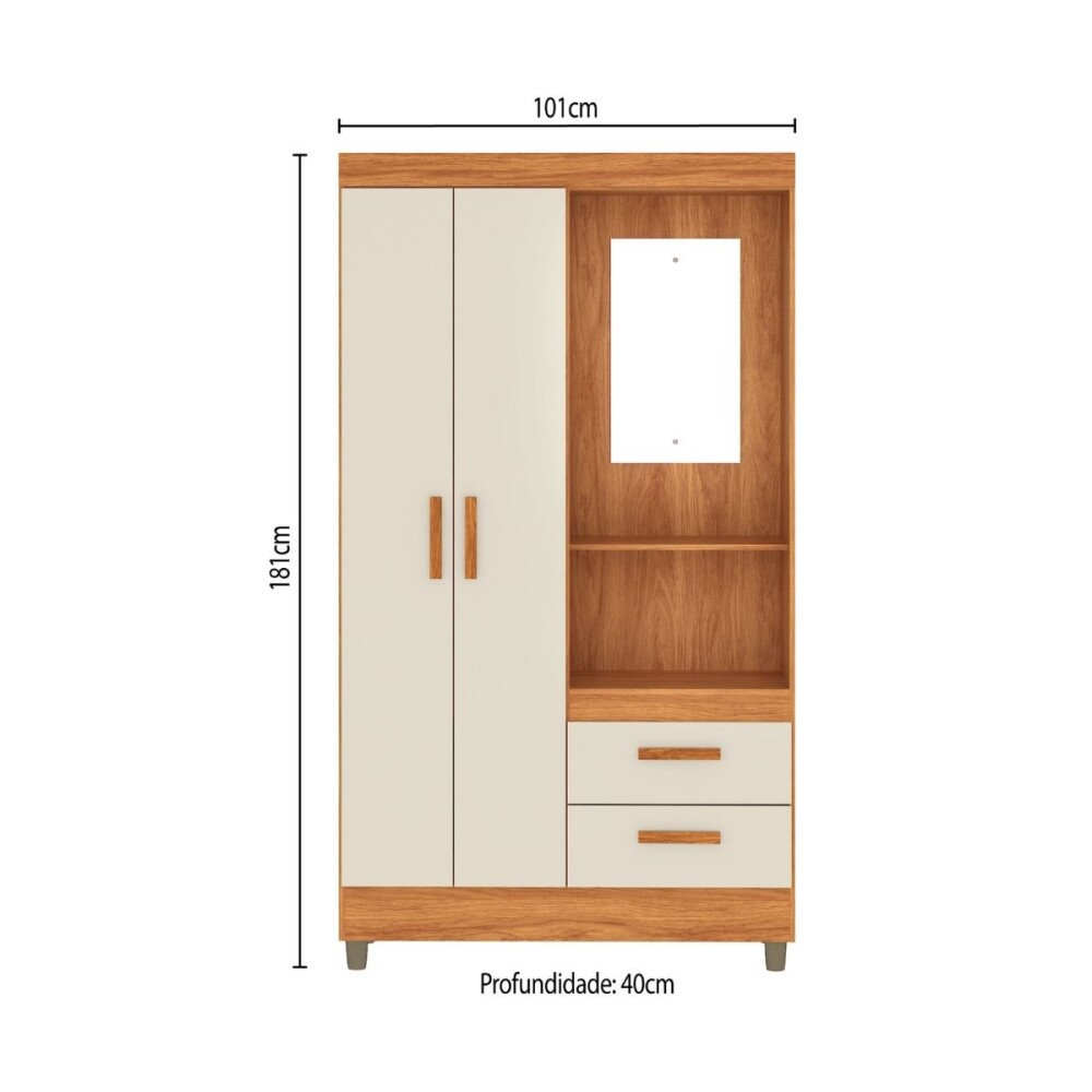 ROPERO - 2 PUERTAS 2 CAJONES CON ESPEJO BLANCO OFF WHITE