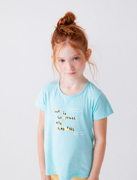 CAMISETA DE NIÑA MANGA CORTA ESTAMPADA CELESTE