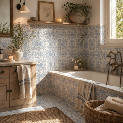 CERAMICAS PISO DECORADO MATE BLANCO Y CELESTE PATCHWORK GAMAS DE AZUL