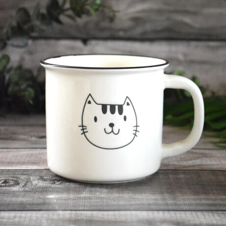 Taza Vintage Carita Gato – Cerámica Blanca con Borde Negro 400ml Manchas