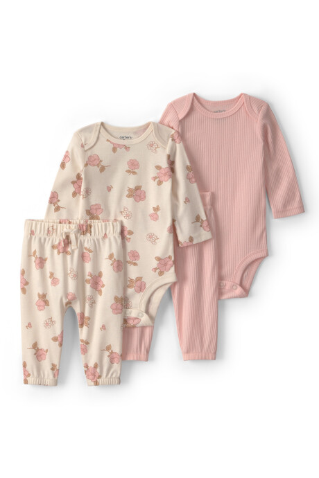Set cuatro piezas de algodón, dos pantalones y dos bodies manga larga, rosa y crema, diseño floral Set cuatro piezas de algodón, dos pantalones y dos bodies manga larga, rosa y crema, diseño floral