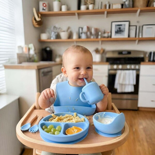 Set Alimentación Bebé Platos Silicona Libre Bpa 10 Piezas Color Celeste