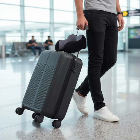 Set Valija Grande Rigida + Almohadón Cervical Memoria Negro Gris Oscuro