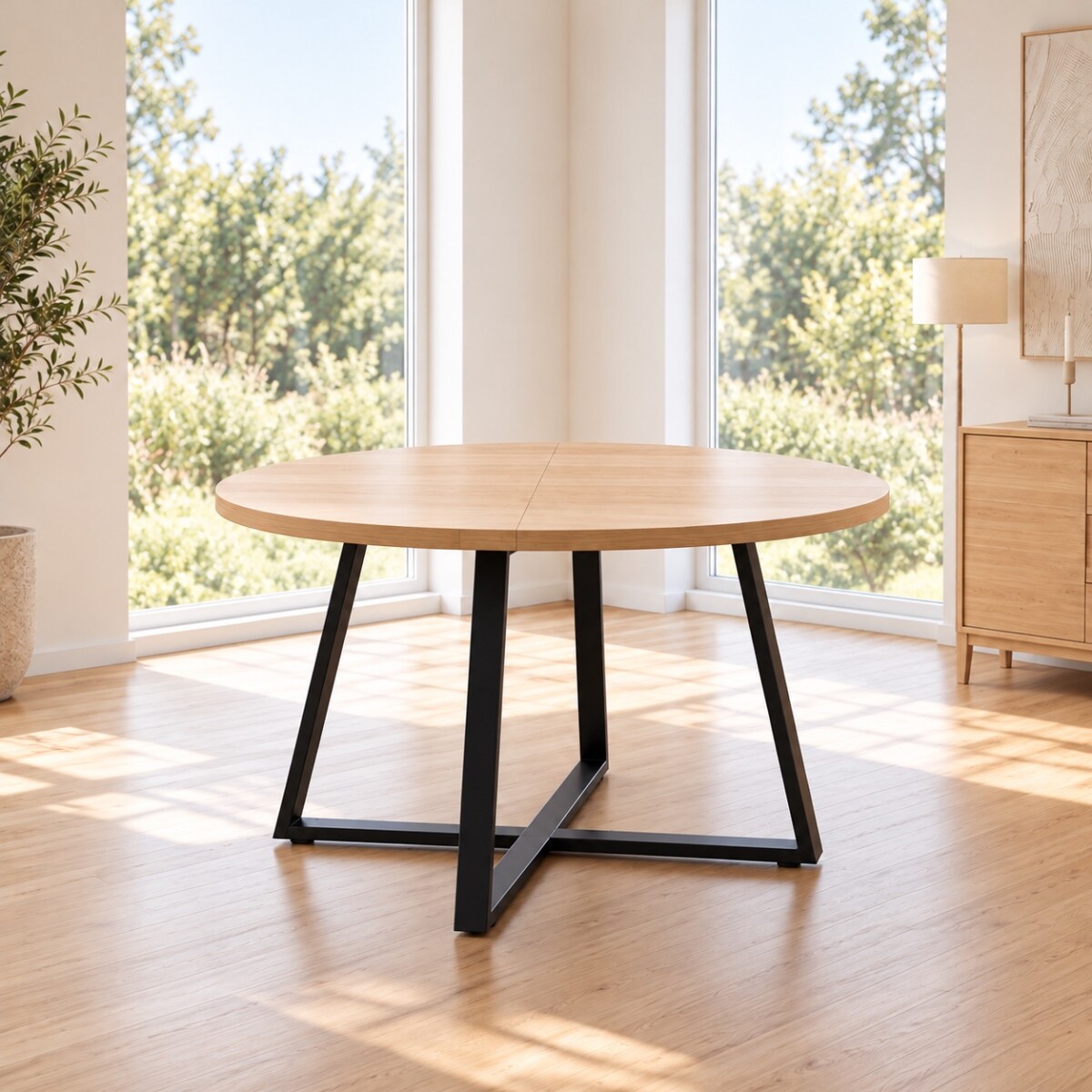 MESA DE COMEDOR REDONDA EXTENSIBLE A OVALADA MADERA CON BASE NEGRA EN METAL 