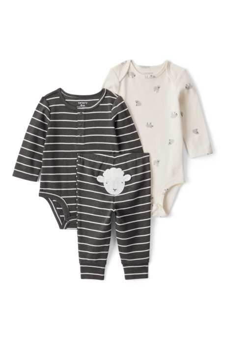 Set tres piezas de algodón, pantalón y dos bodies manga larga, diseño ovejas Sin color